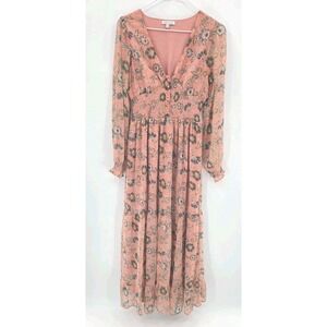 Fairy Cottagecore Tiered Babydoll Maxi Dress Small Pink Floral Smocked Ruffles